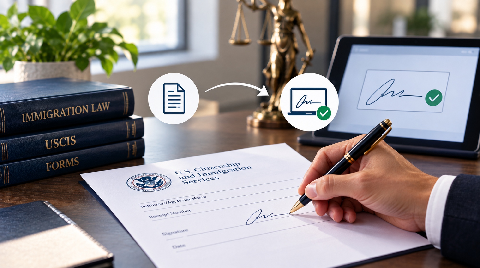 La foto muestra a una persona firmando un formulario de inmigración de EE. UU. en un escritorio, rodeada de libros de leyes de inmigración, una computadora portátil que muestra una firma digital e imágenes legales.