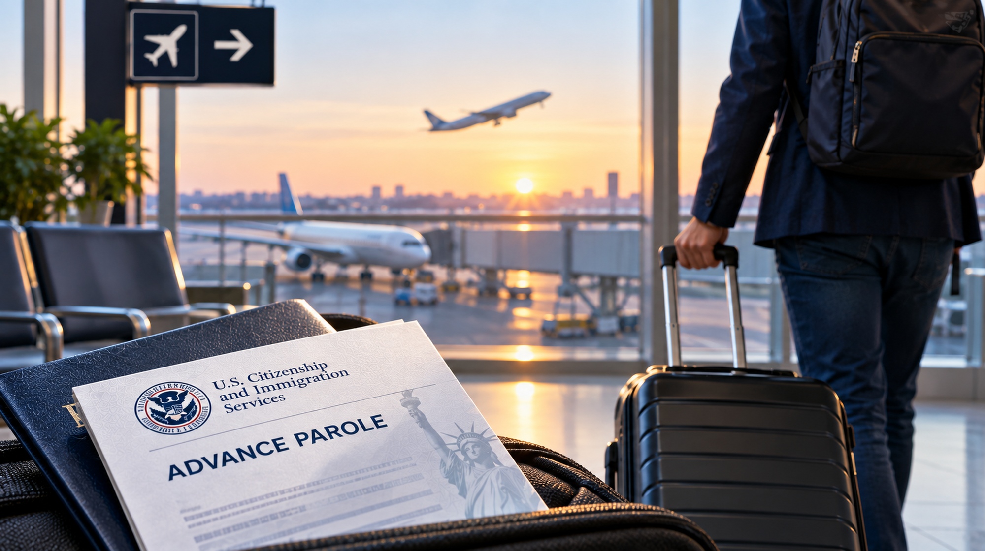 A traveler with a suitcase stands in an airport terminal beside an advance parole document, with airplanes visible at sunset.