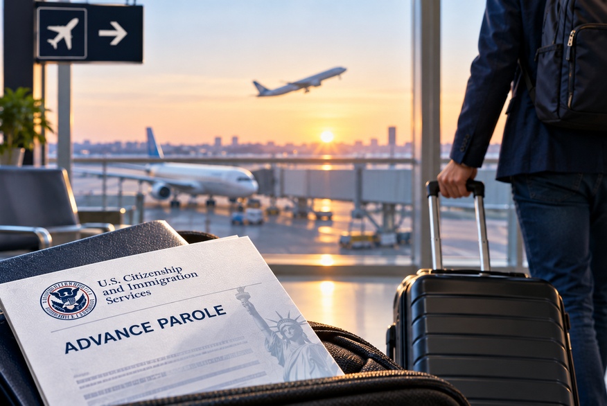Un viajero con una maleta de pie en la terminal de un aeropuerto junto a un documento de permiso de viaje anticipado, con aviones visibles al atardecer.