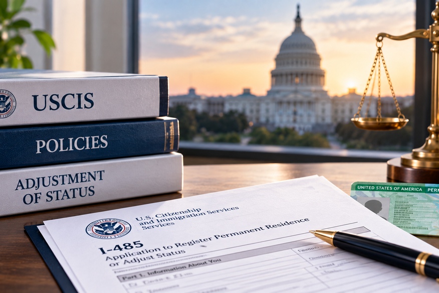 The photo shows U.S. immigration paperwork, including an I-485 application and USCIS policy books, alongside a green card and scales of justice with the U.S. Capitol in the background.