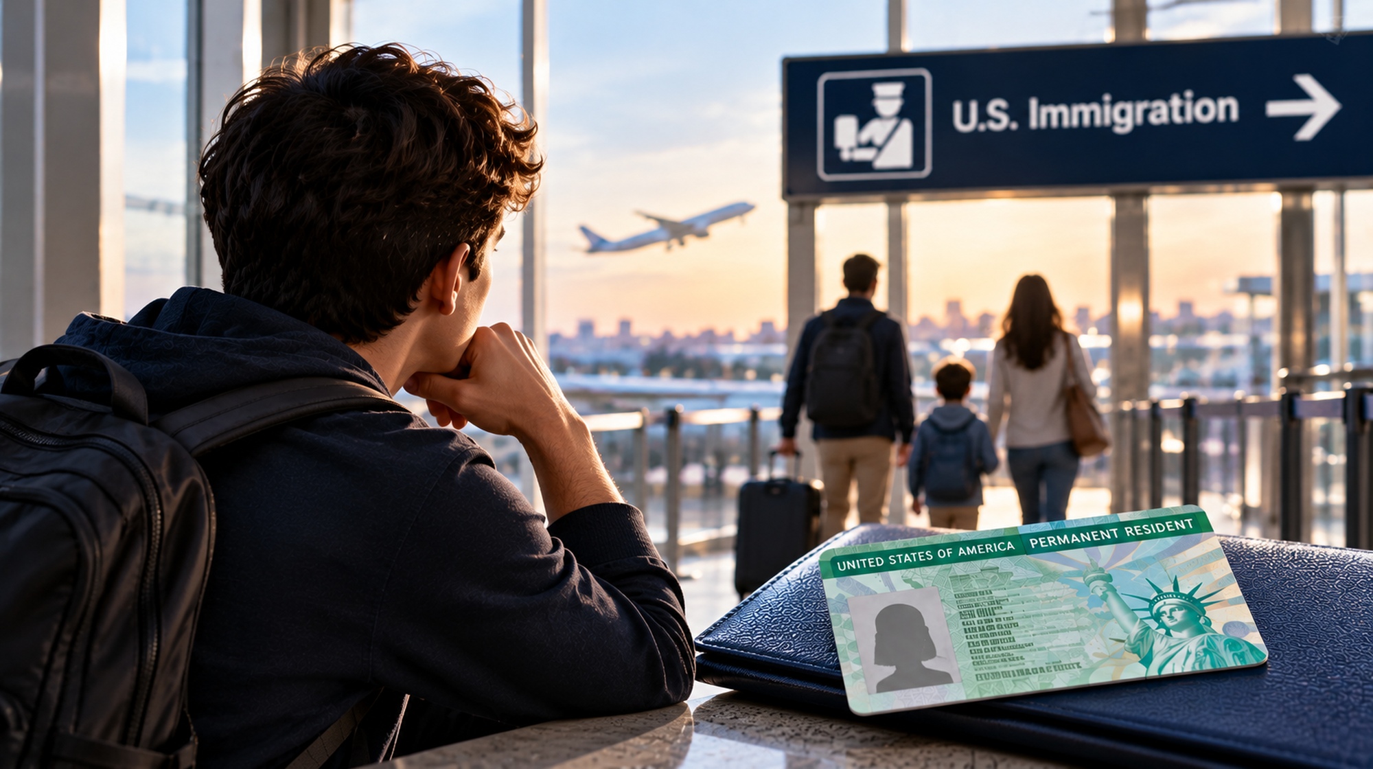 A young traveler sits at an airport looking toward U.S. Immigration, with a permanent resident card resting on his passport.