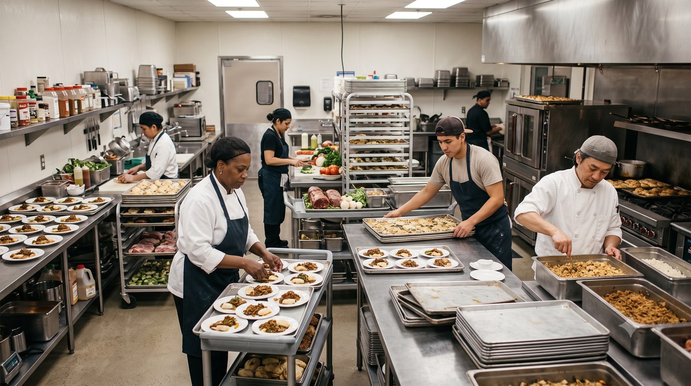 Kitchen and banquet staff plating meals along a stainless steel prep line in a commercial catering kitchen