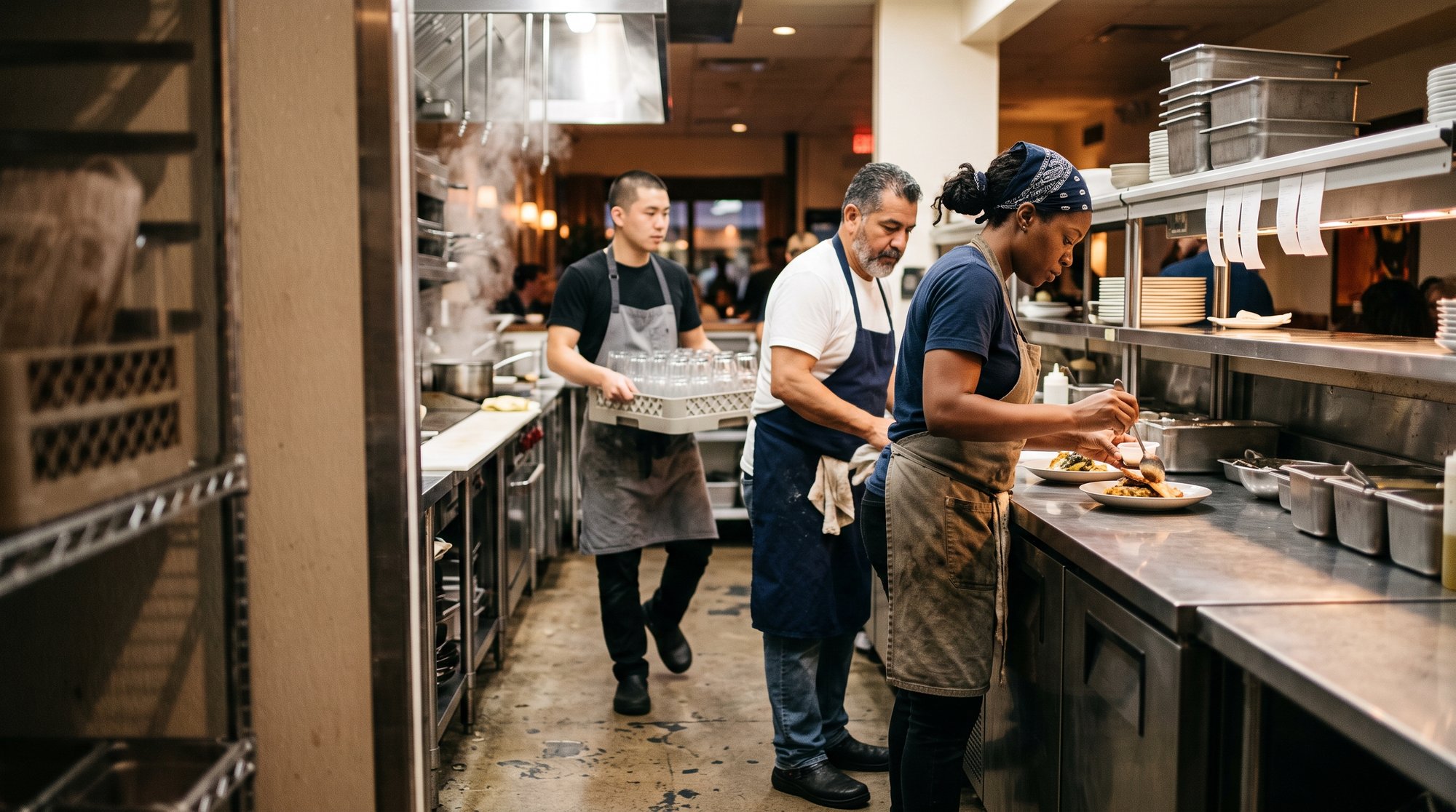 Line cooks plating dishes and a runner carrying glassware during a dinner shift in a busy restaurant kitchen