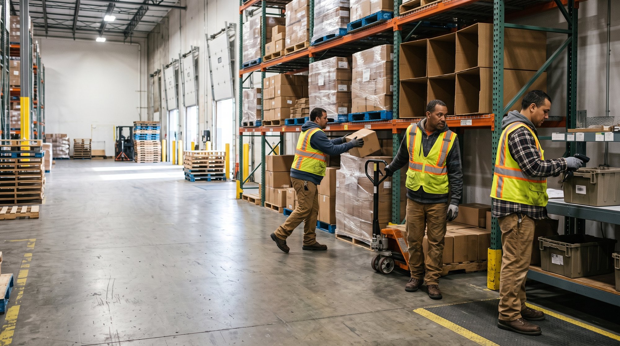 Three warehouse associates in hi-vis vests working a distribution center aisle, one shelving a carton, one pulling a pallet jack, and one scanning a tote at a pack station