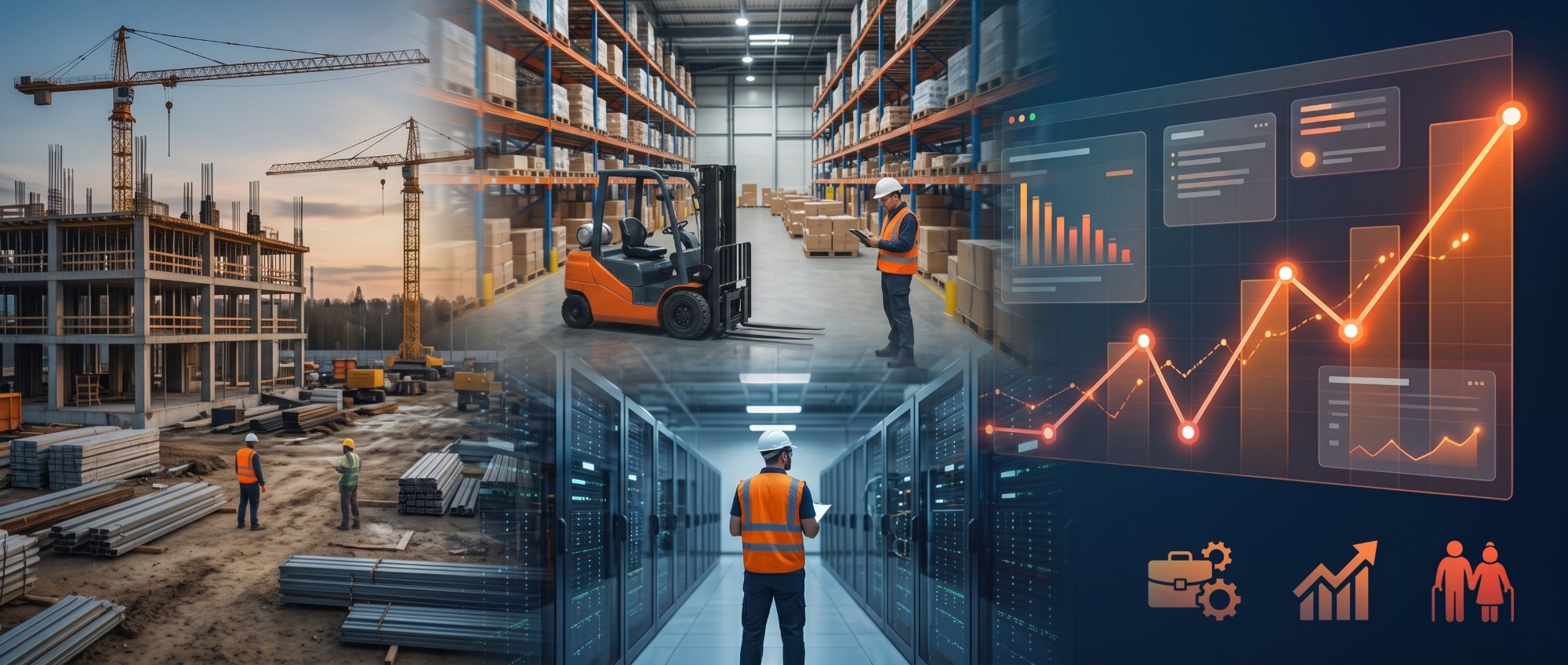 Collage of a construction site, a warehouse worker with a forklift, a data center technician, and a rising labor demand chart