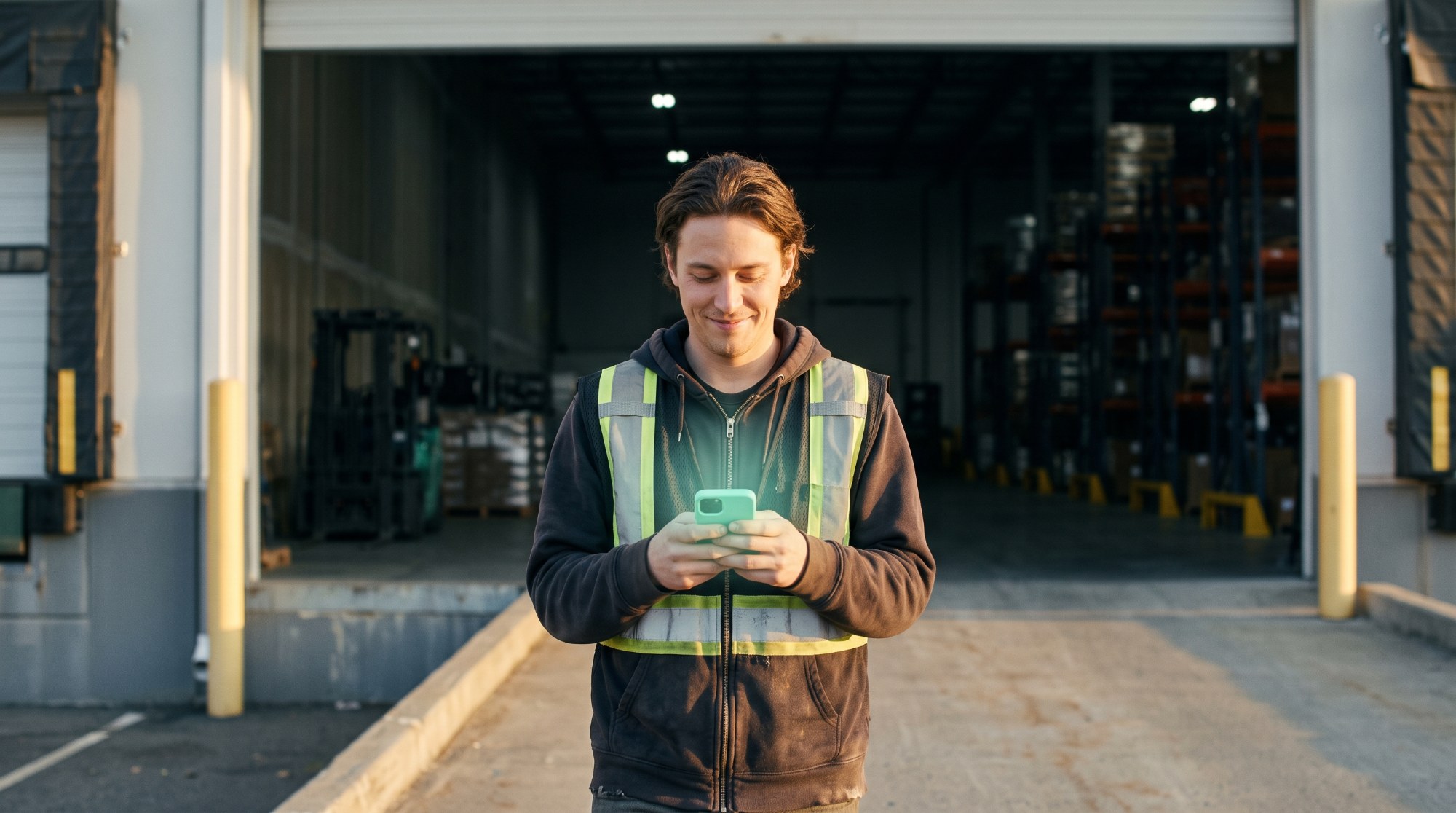 Warehouse worker in a hi-vis vest smiling at his phone outside an open loading dock at sunrise