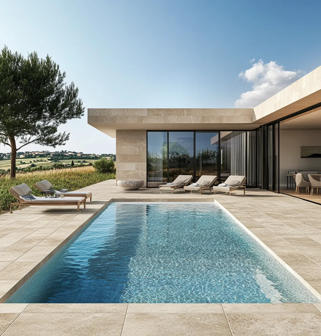 Terrasse mit hellen Bodenplatten an einem Swimmingpool