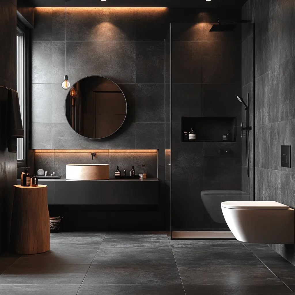 Badezimmer mit dunklen Wandplatten und freistehender Badewanne