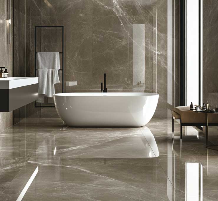 Badezimmer mit grossformatigen Wand- und Bodenplatten