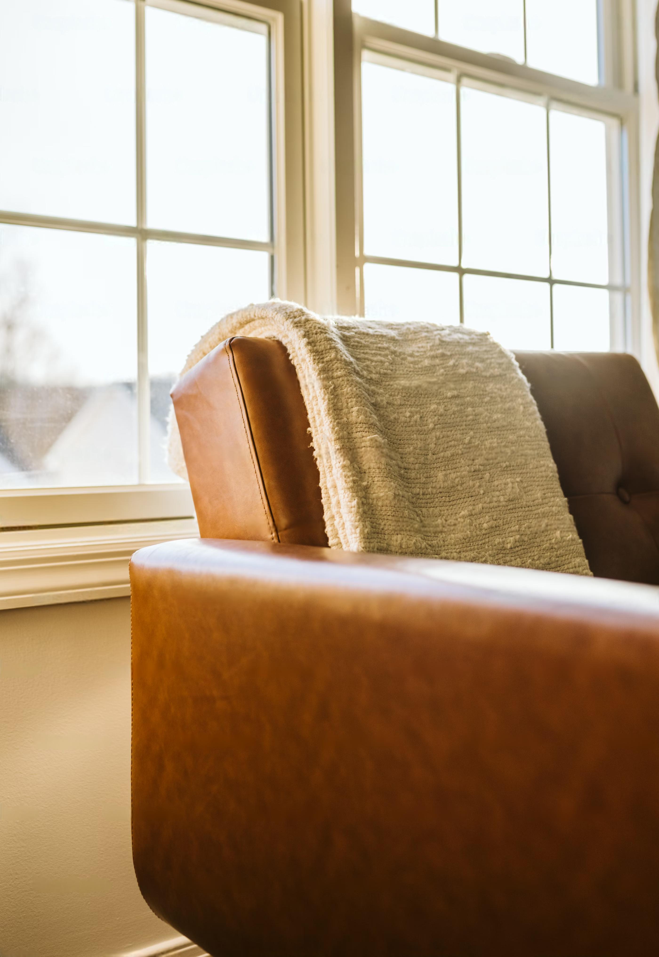 a leather sofa receiving natural light from a window