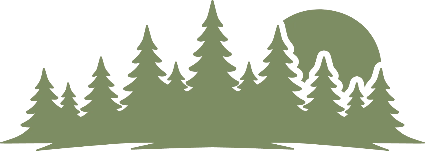 Silhouette of pine trees with a large sun or moon in the background.