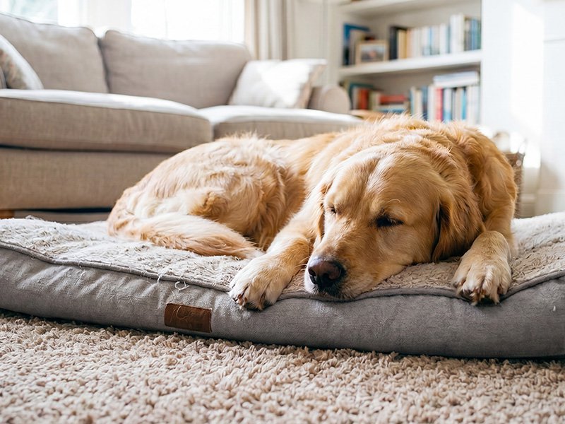 dog resting on dog bed