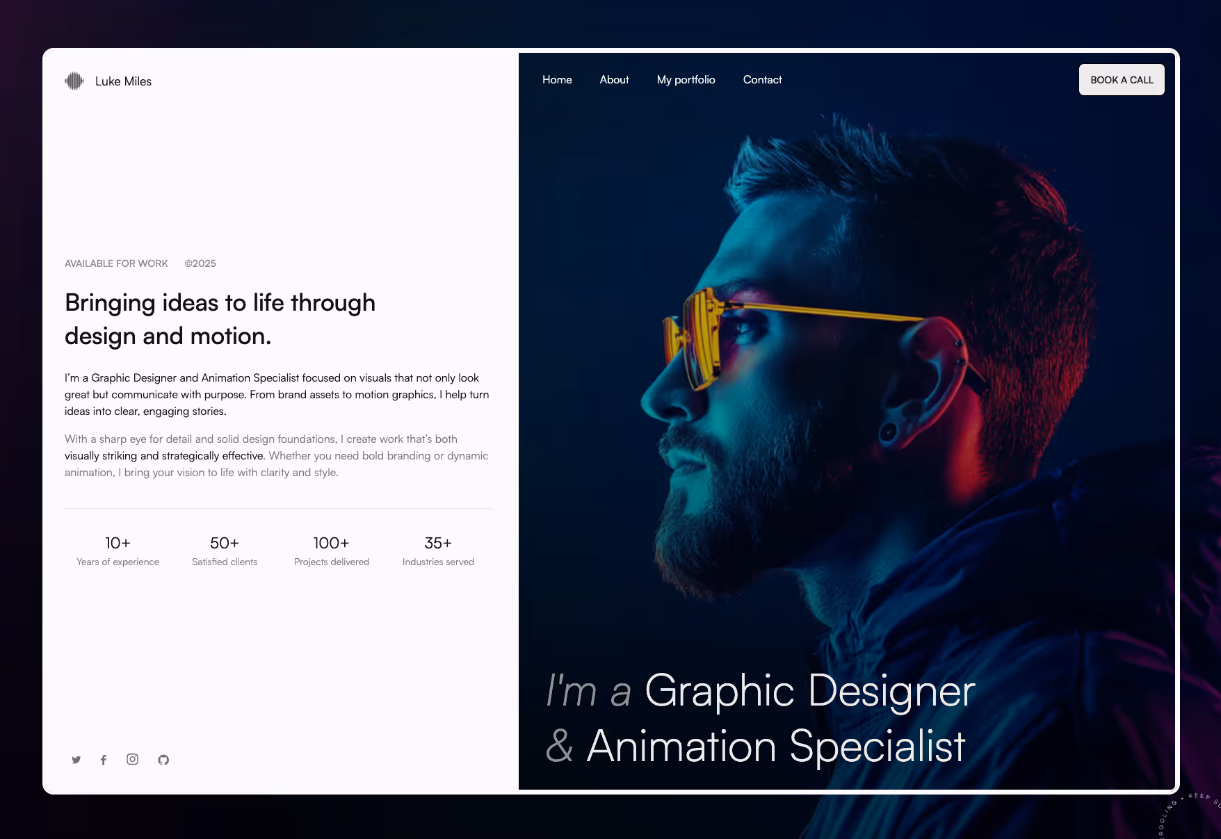 Screenshot der minimalistisch gestalteten Landingpage für Luke Miles, Grafikdesigner – modernes Webdesign mit Fokus auf Typografie.