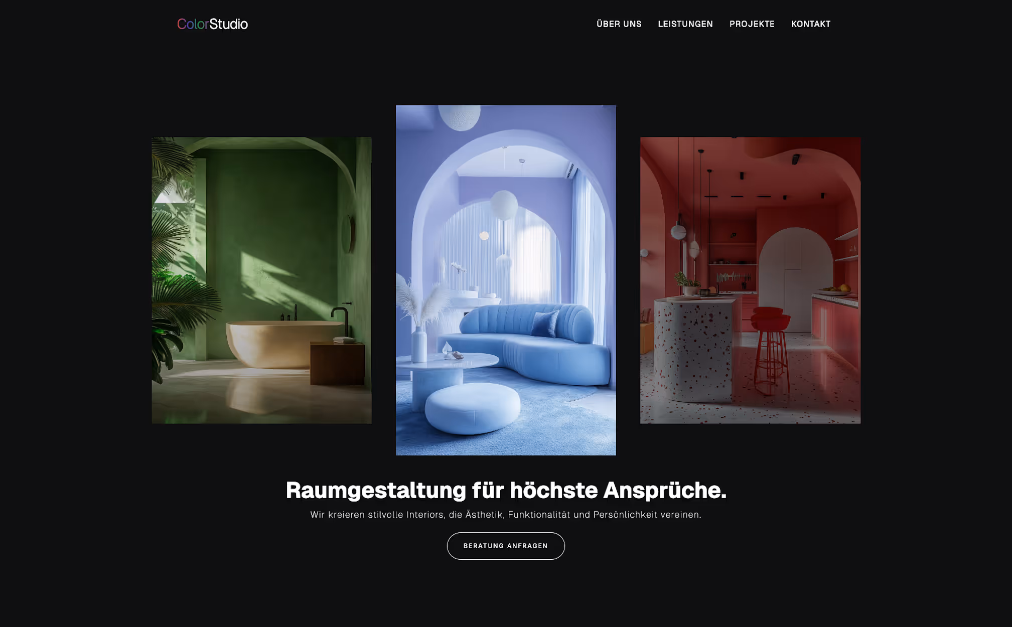 Screenshot der Landingpage für Studio Color Raumgestaltung – lebendiges Webdesign mit farbenfroher Gestaltung und klarer Struktur.