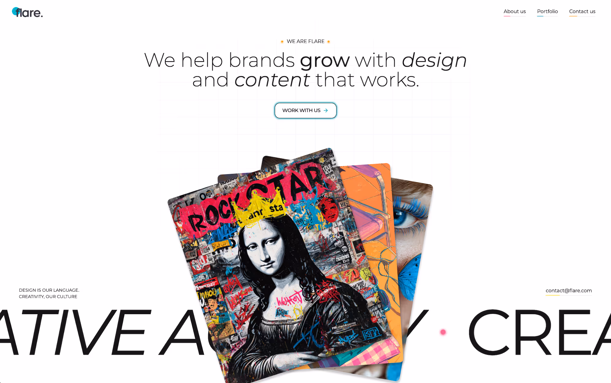 Screenshot der Landingpage für Flare Creative Agency – dynamisches Webdesign mit kräftigen Farben und klarer Botschaft.
