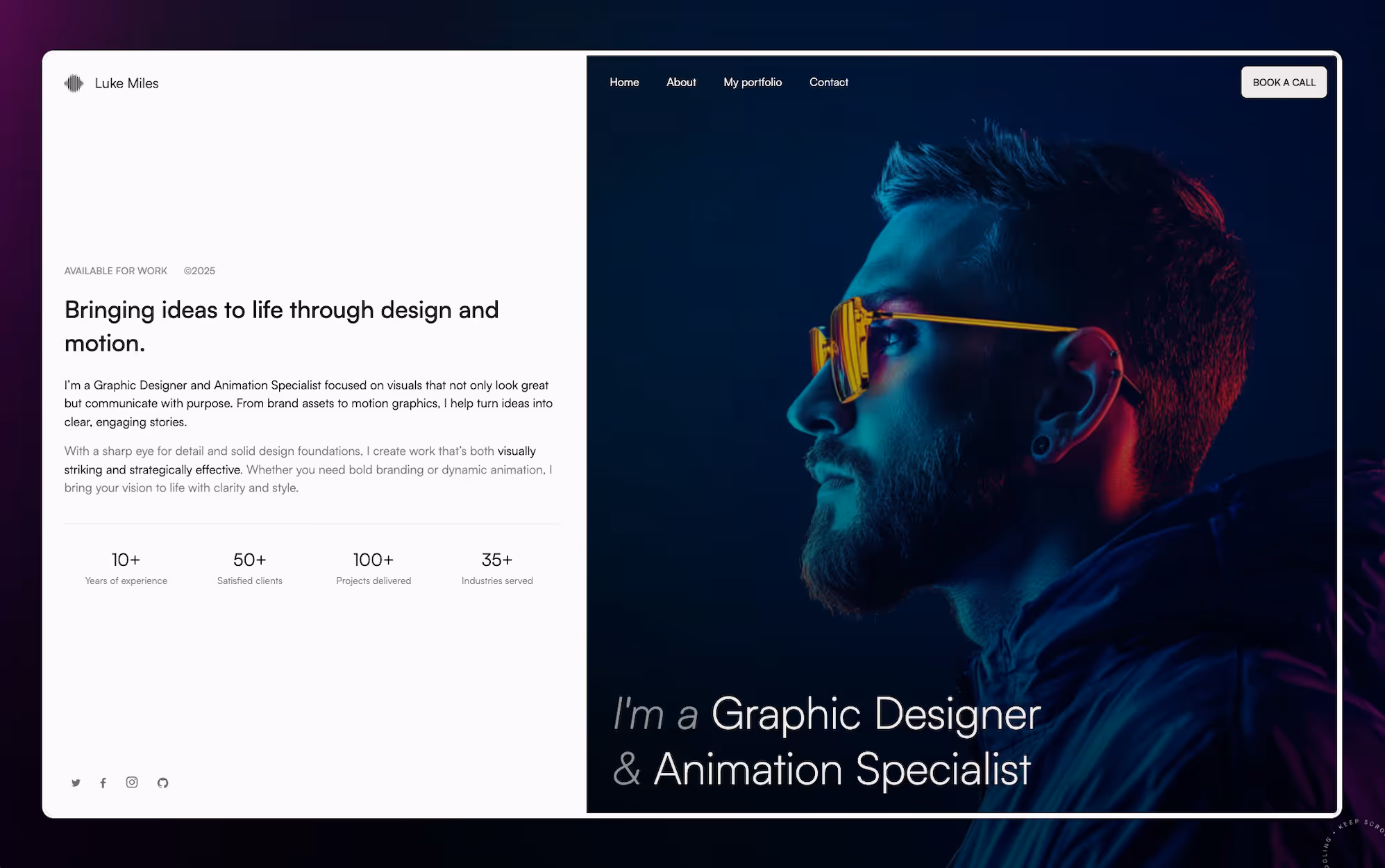 Screenshot der minimalistisch gestalteten Landingpage für Luke Miles, Grafikdesigner – modernes Webdesign mit Fokus auf Typografie.