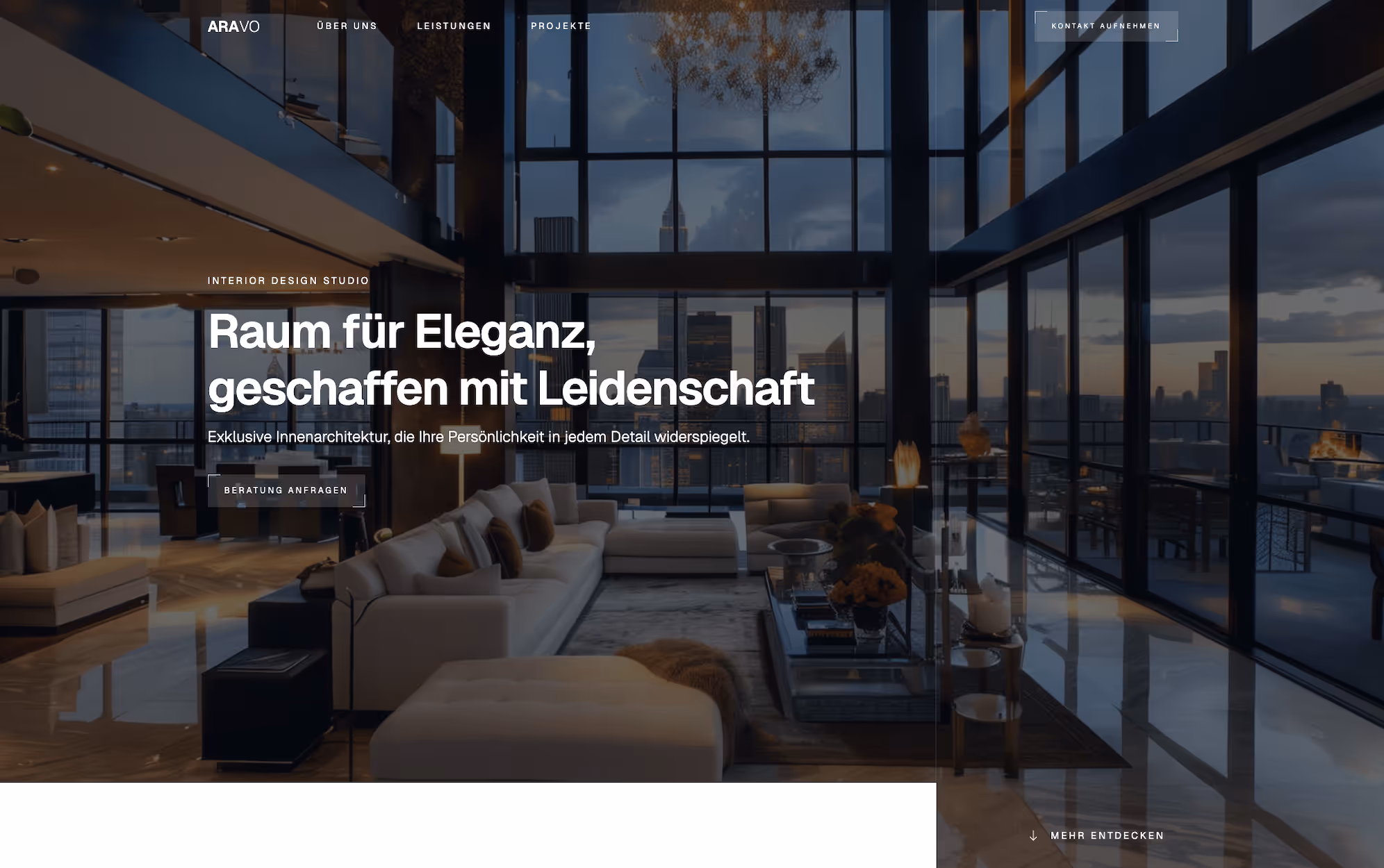 Screenshot der Landingpage für Aravo Raumgestaltung – elegantes Webdesign mit warmen Farben und harmonischem Layout.