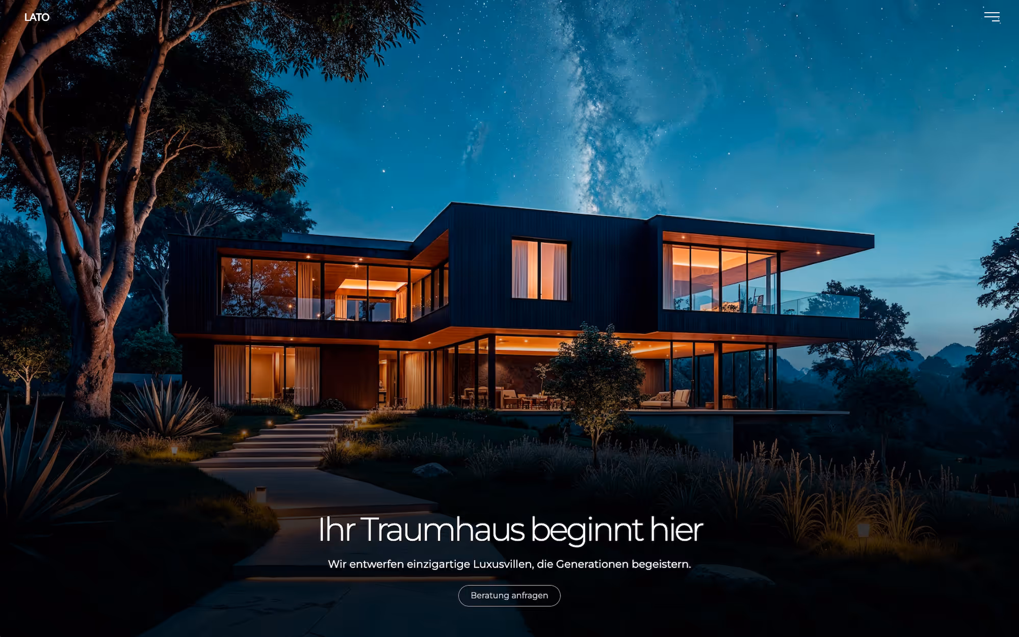 Screenshot der Landingpage für Lato Villa Architektur – modernes Webdesign mit klarer Linienführung und hochwertiger Präsentation.