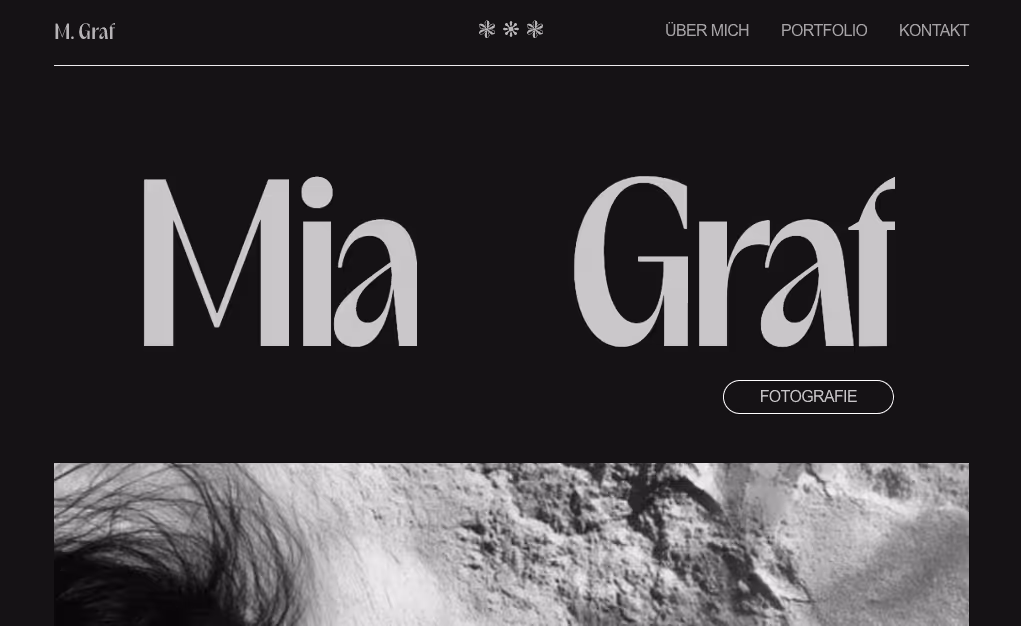 Screenshot der Landingpage für Mia Graf – Fotografie mit starken Bildern und klarem Layout.
