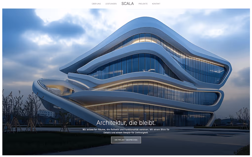 Screenshot der Landingpage für Scala Architektur – minimalistisches Webdesign mit Fokus auf Raum, Licht und Struktur.