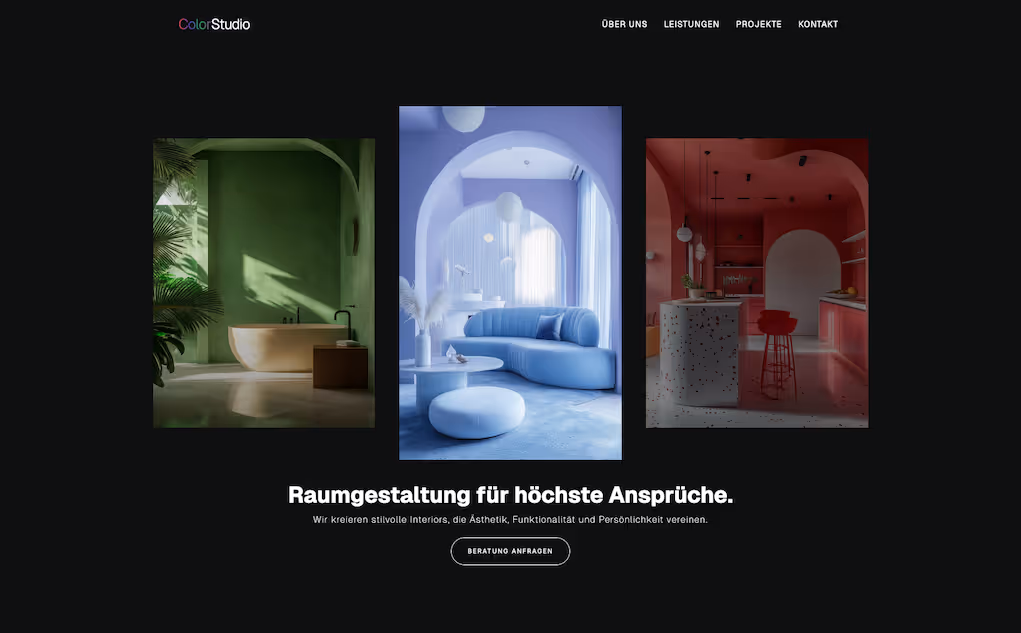 Screenshot der Landingpage für Studio Color Raumgestaltung – lebendiges Webdesign mit farbenfroher Gestaltung und klarer Struktur.