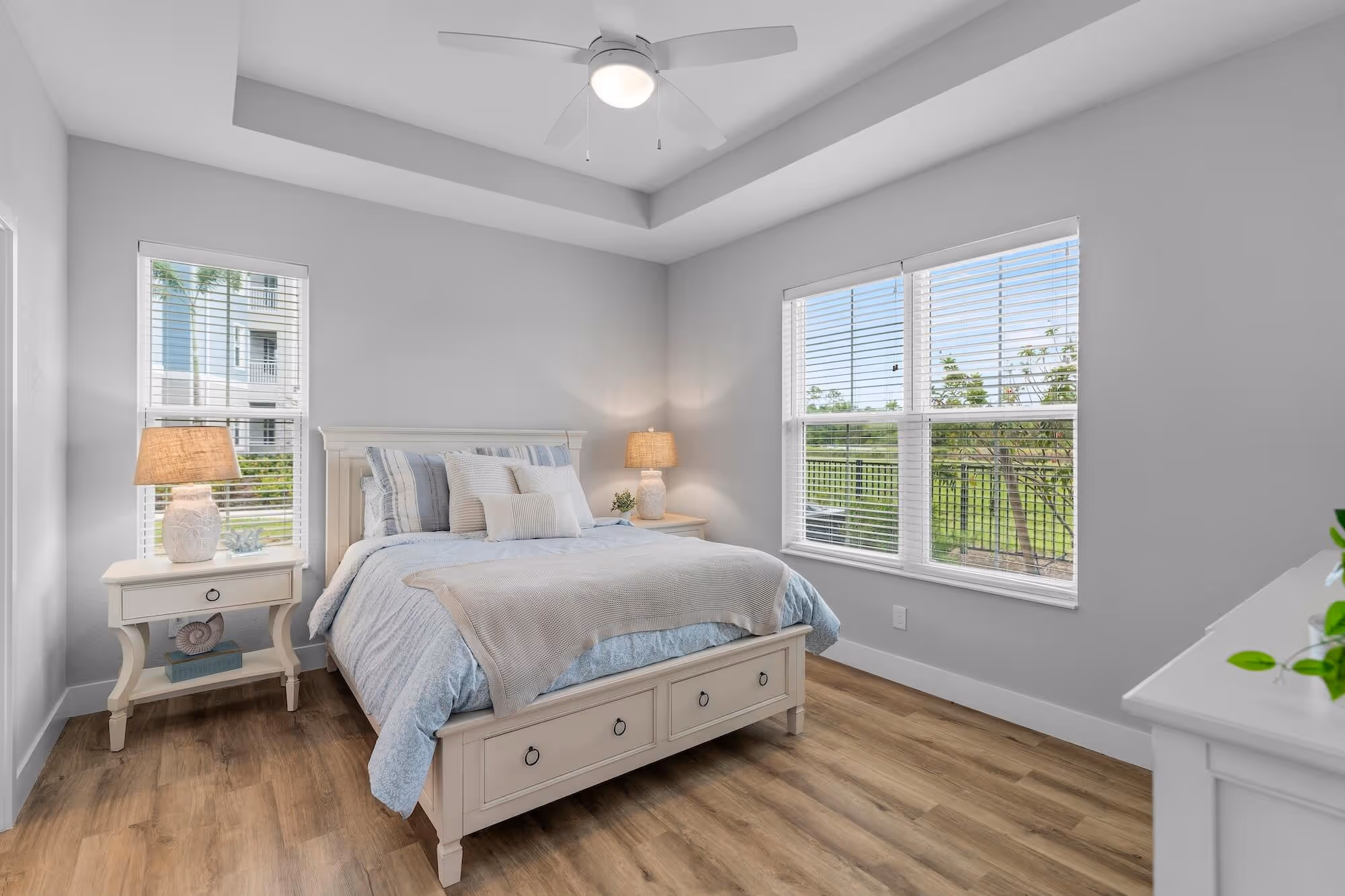 Serene  bedroom with tray ceiling, large windows, and natural light.