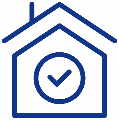 A blue outline icon of a house with a circular checkmark symbol in the center, representing safety, approval, or home verification.