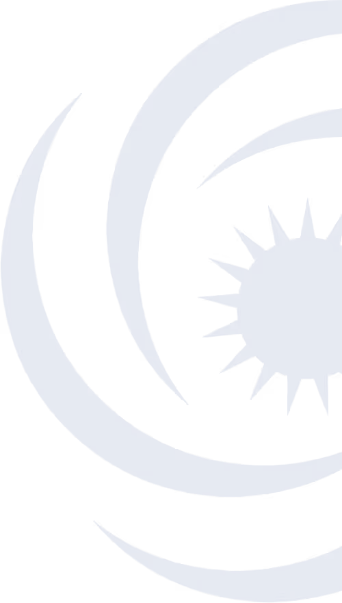 Abstract blue circular design with concentric curved shapes and a central sunburst pattern on a transparent background.