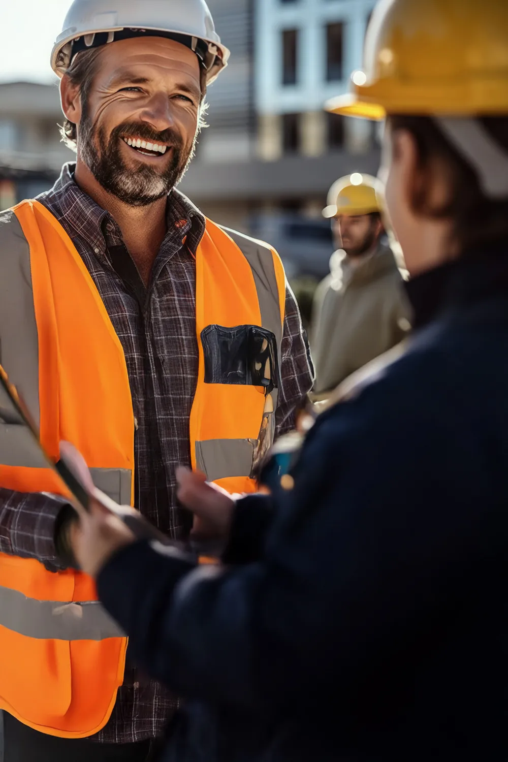 A project manager talking to a project engineer at construction site 
