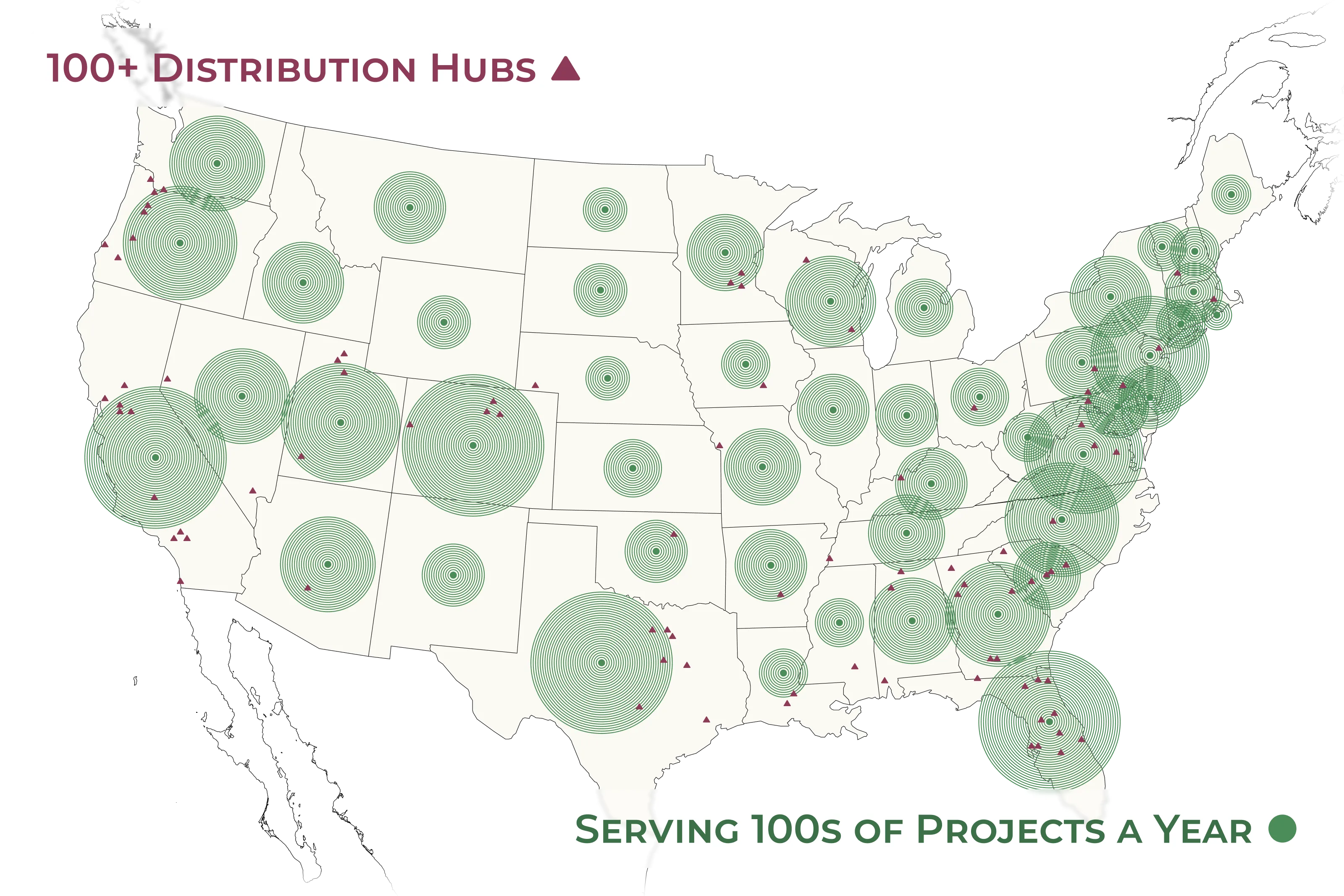 A map of Shelter Products Inc. distribution hubs and recent projects across the U.S.