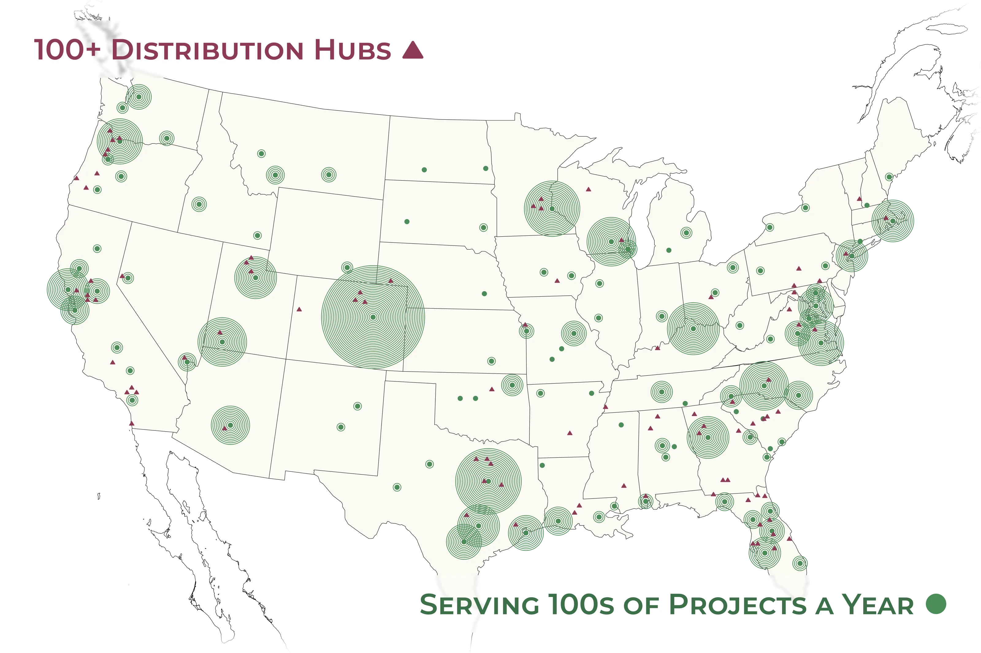 A map of Shelter Products Inc. distribution hubs and recent projects across the U.S.