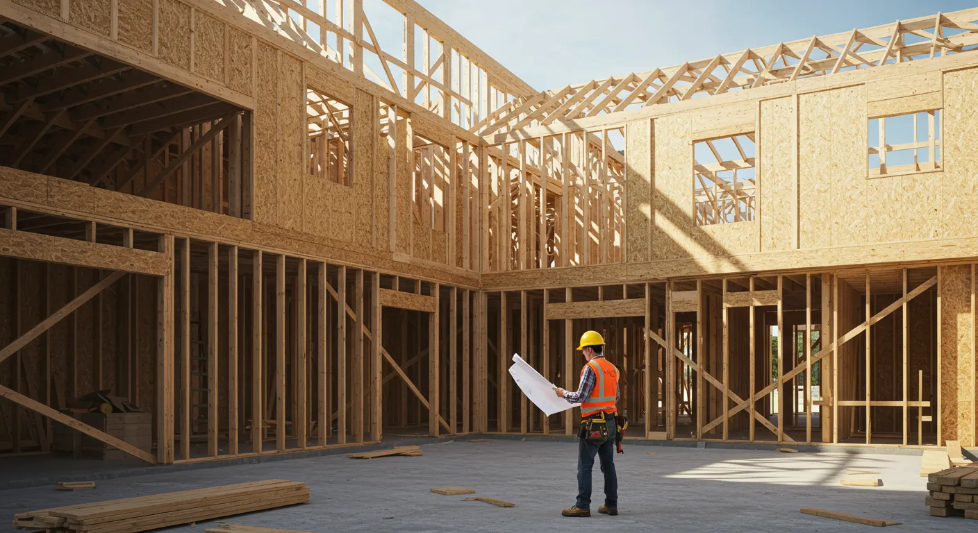 A construction worker reviewing plans at a construction site supplied by Shelter Products Inc.