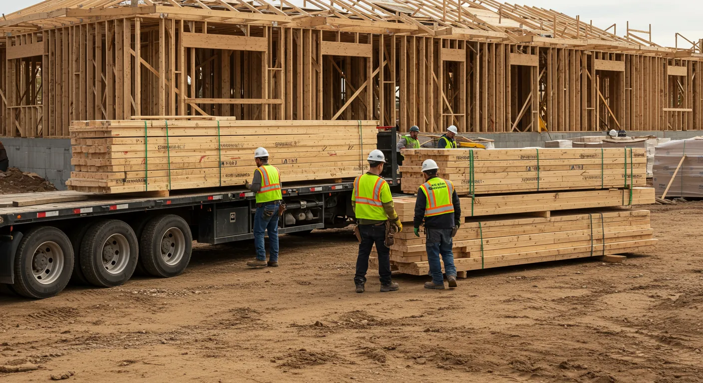 A group of construction workers helping as a load of lumber is dropped off at a construction site supplied by Shelter Products