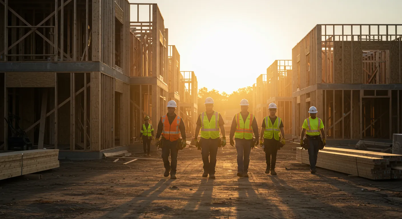 A group of construction workers walking through a construction site during golden hour
