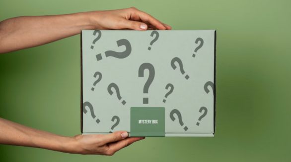 Une personne tient une boîte ornée de points d'interrogation, symbolisant l'incertitude ou une question à résoudre.