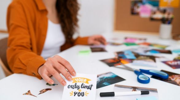 Femme tenant une carte postale avec un message écrit dessus.