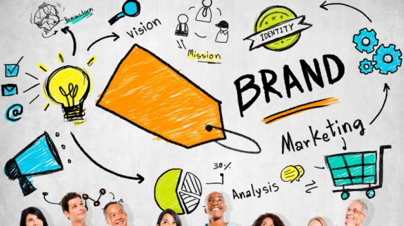 A colorful hand-drawn illustration showcasing brand marketing concepts including vision, mission, identity, analysis, and a shopping cart symbolizing consumer engagement.