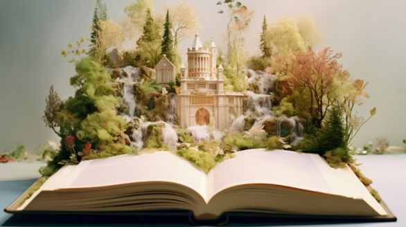 Un livre avec un château posé dessus, symbolisant l'imagination et les contes de fées.