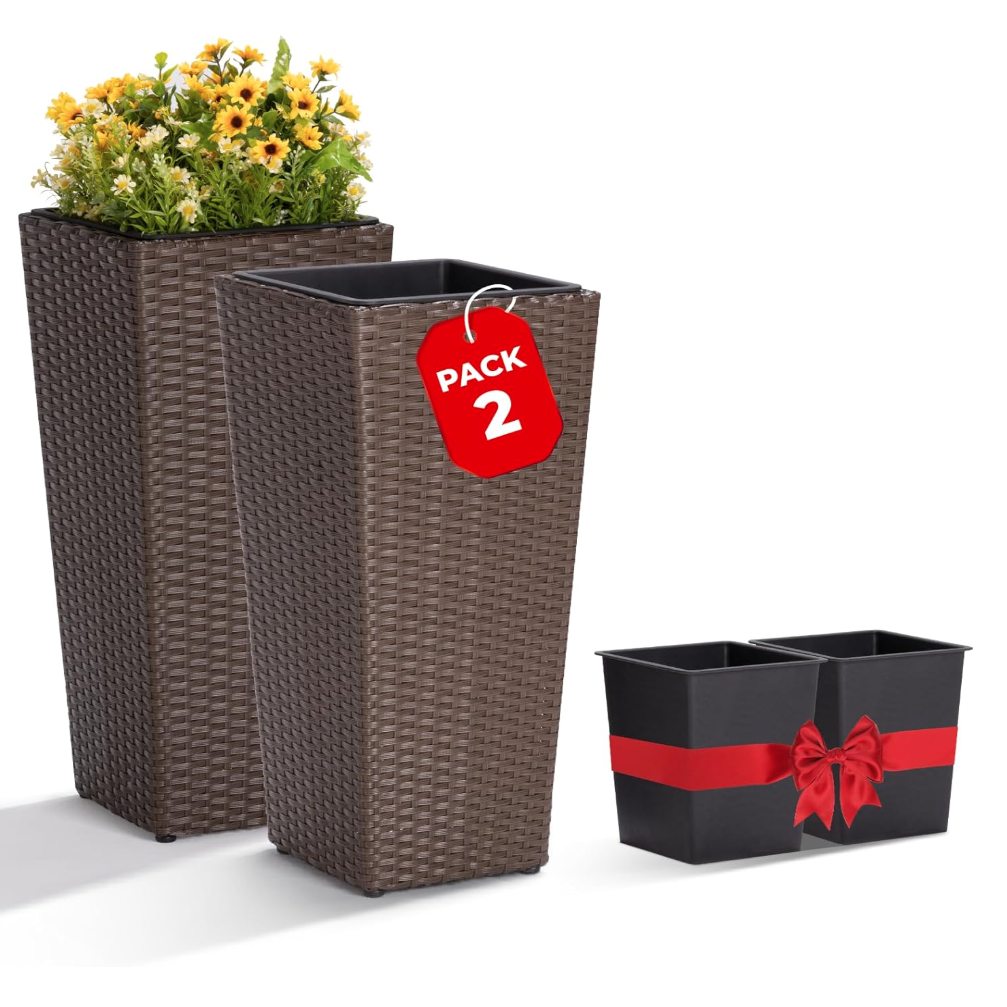 Tall Wicker Style Self Watering Planters 24 Inch 2 Pack