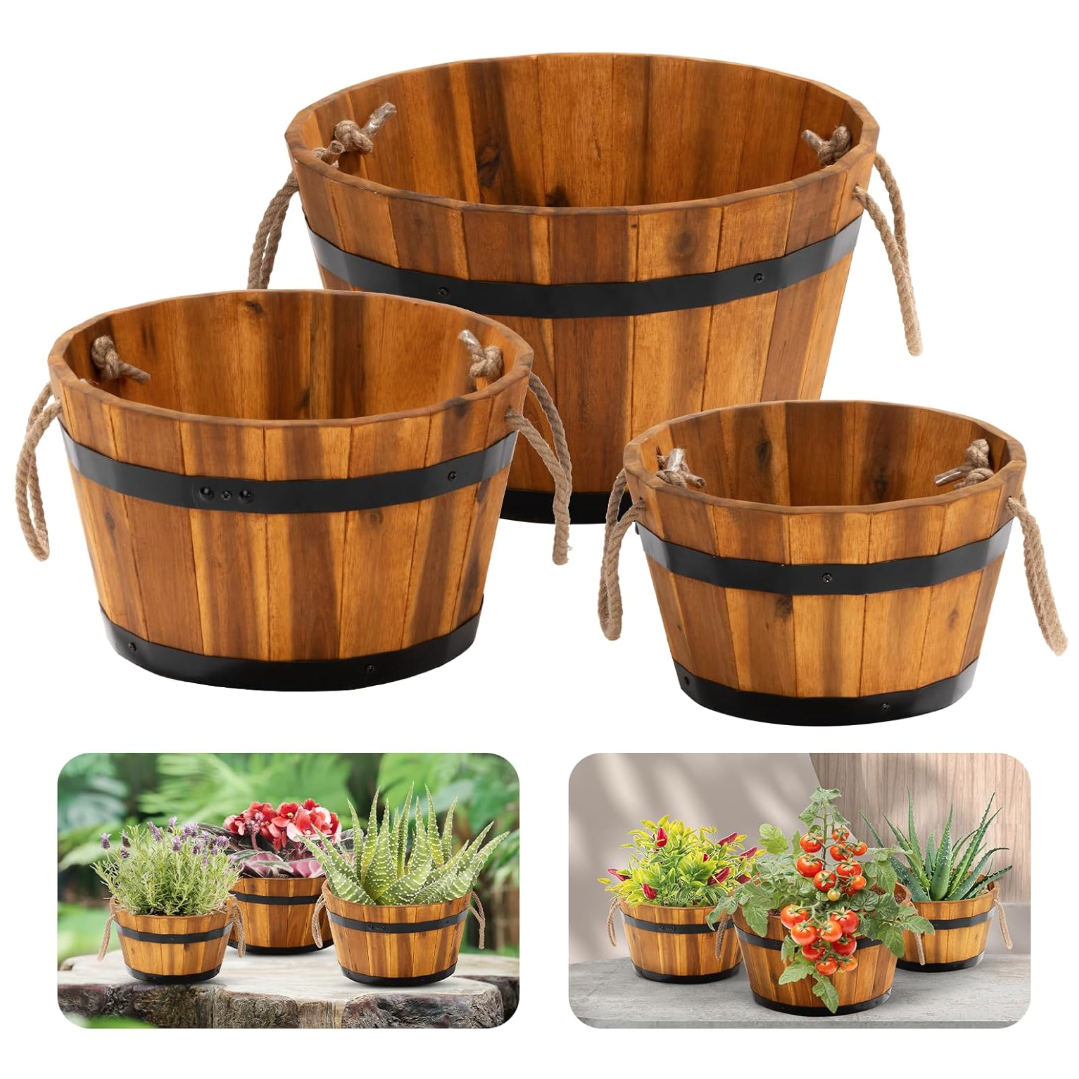 Acacia Wood Barrel Planters Set of 3