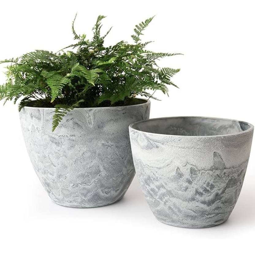 Modern Marble Style Planters with Drainage Set of 2