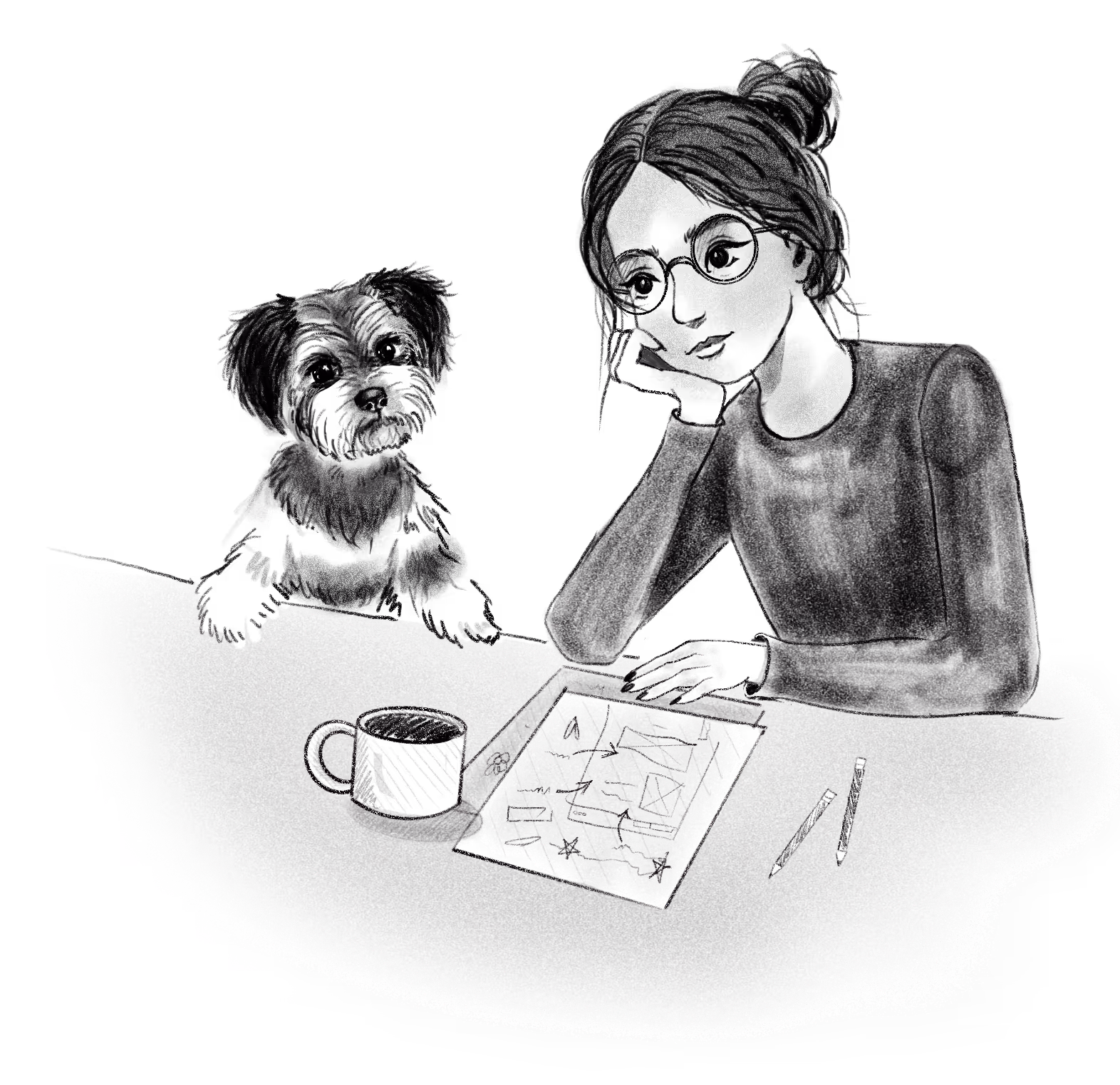 Person sitting at a table with a cup, paper, and pencils, accompanied by a small dog resting its paws on the table.