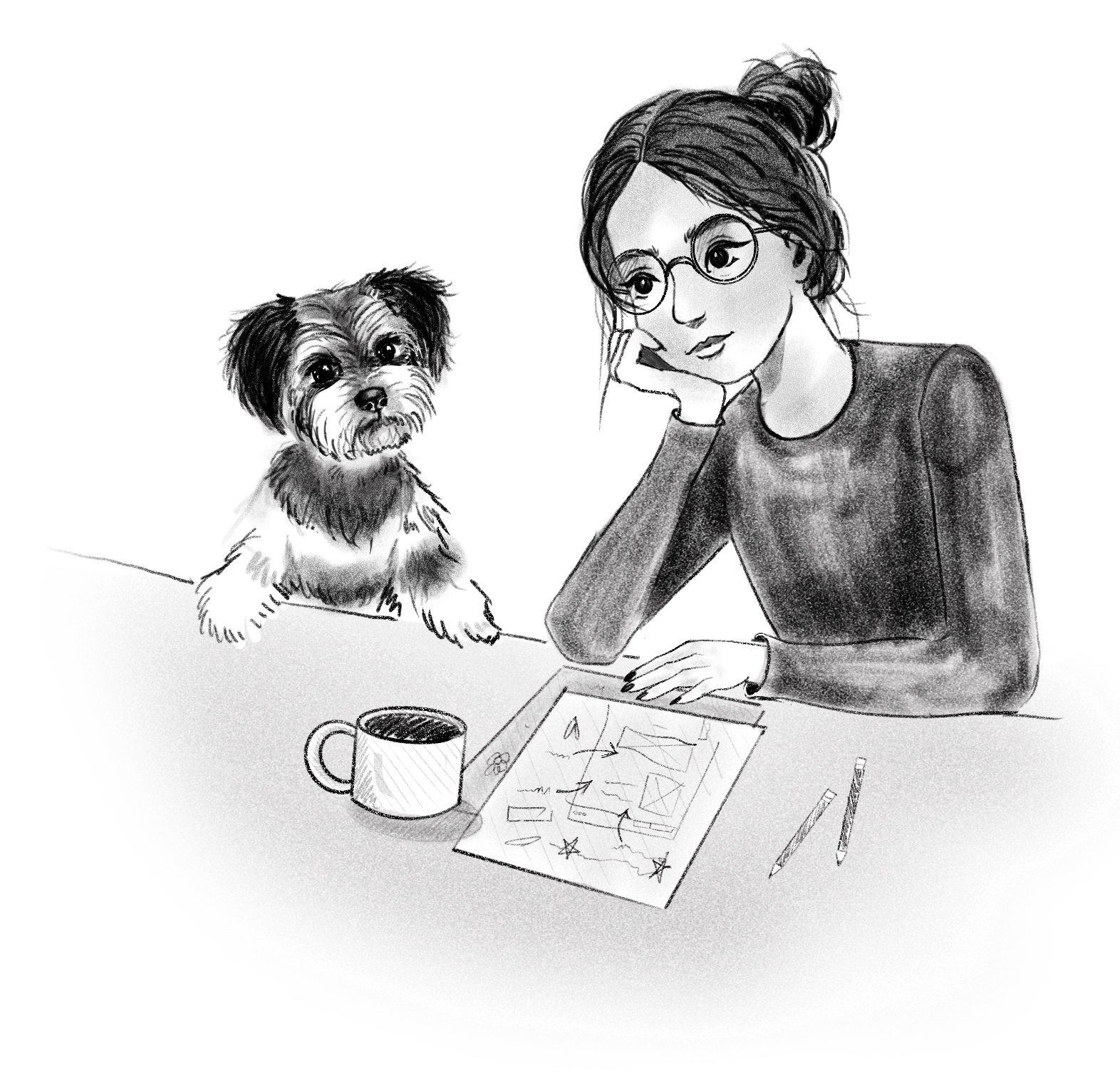 Person sitting at a table with a cup, paper, and pencils, accompanied by a small dog resting its paws on the table.