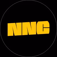 Bold yellow letters NNC tilted on a black circular background.