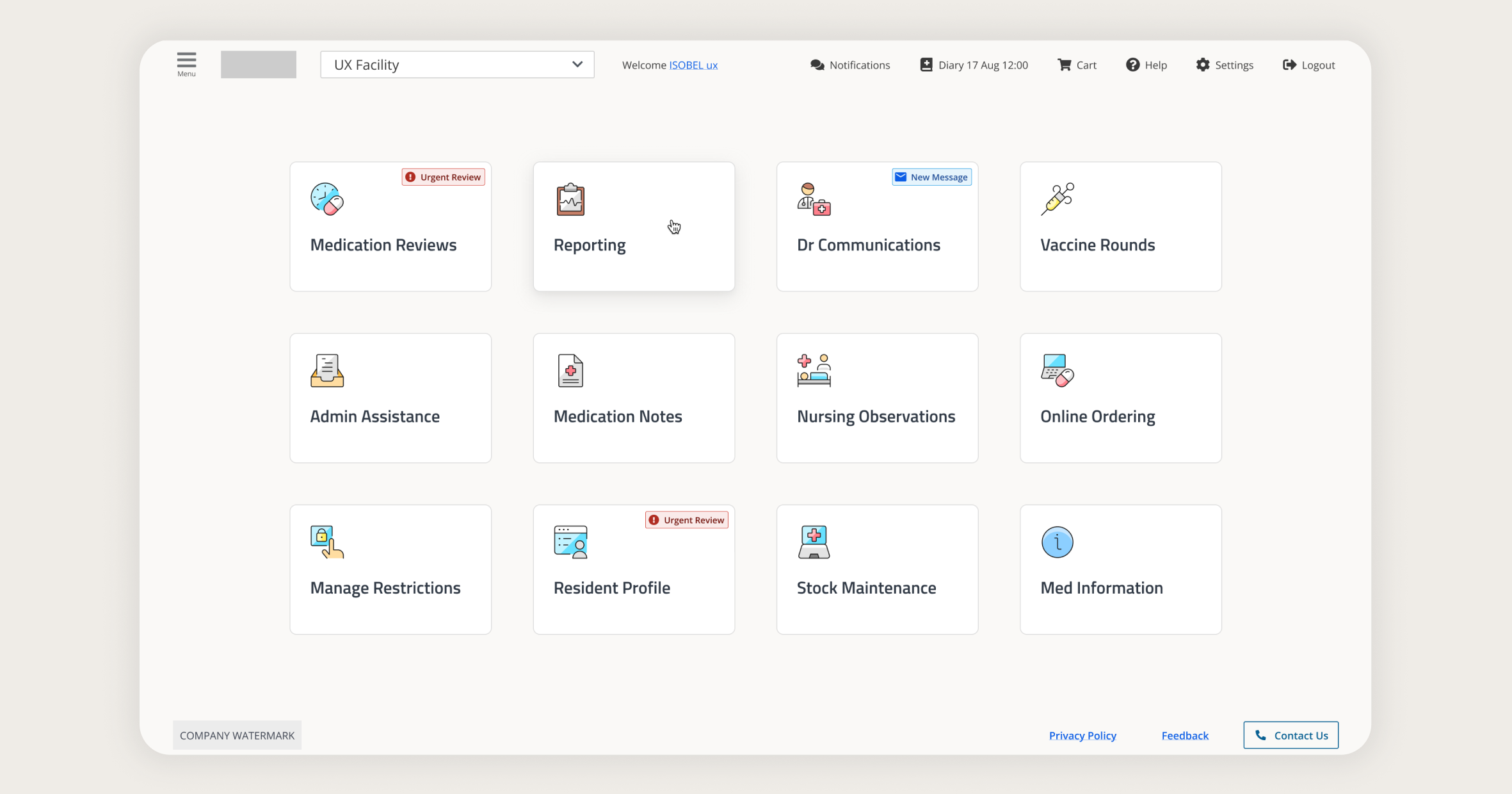 Dashboard interface with tiles for Medication Reviews, Reporting, Dr Communications, Vaccine Rounds, Admin Assistance, Medication Notes, Nursing Observations, Online Ordering, Manage Restrictions, Resident Profile, Stock Maintenance, and Med Information.