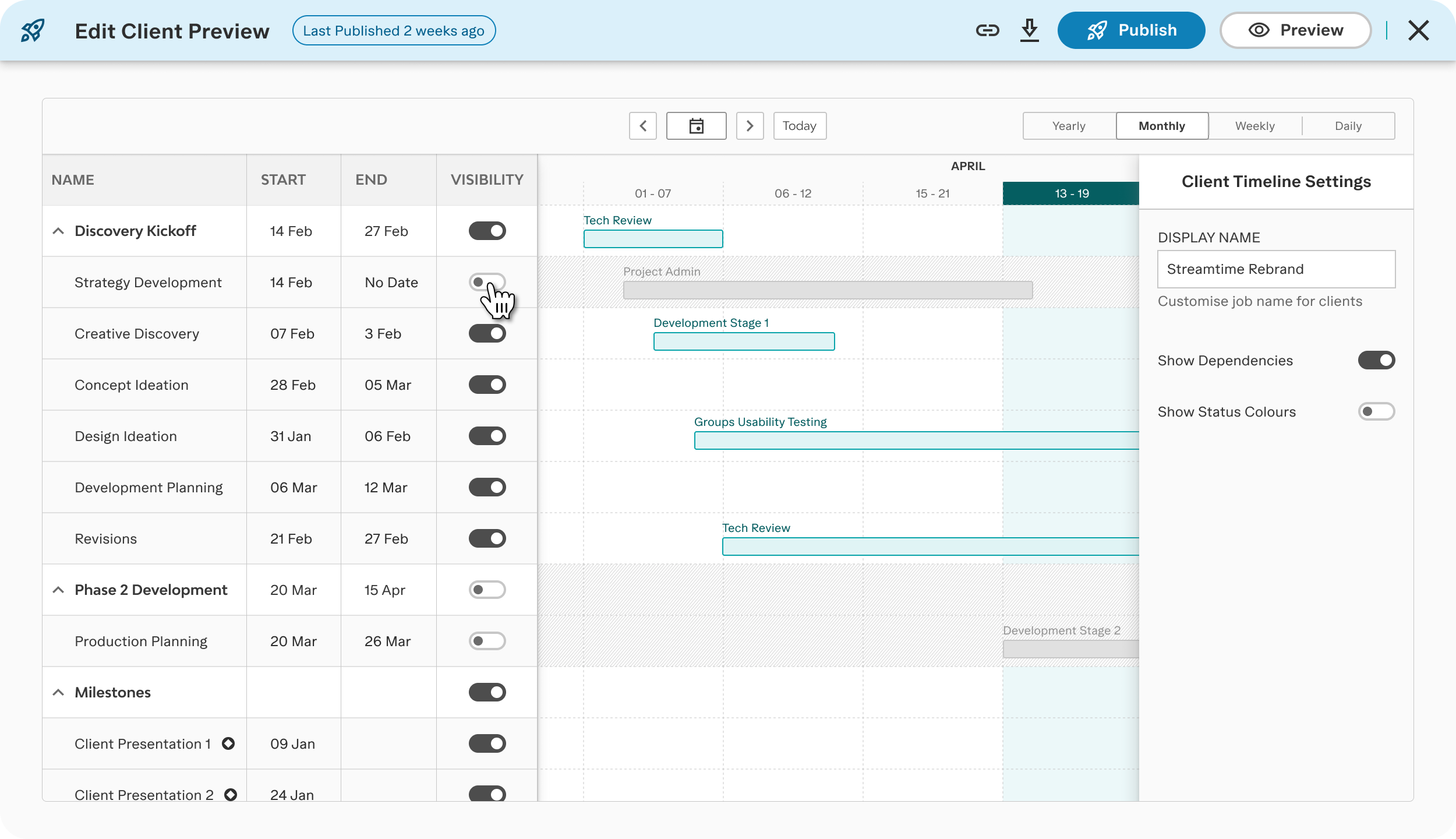 Project management timeline with task list, start and end dates, visibility toggles, and client timeline settings panel for customizing display name and toggling dependencies and status colors.