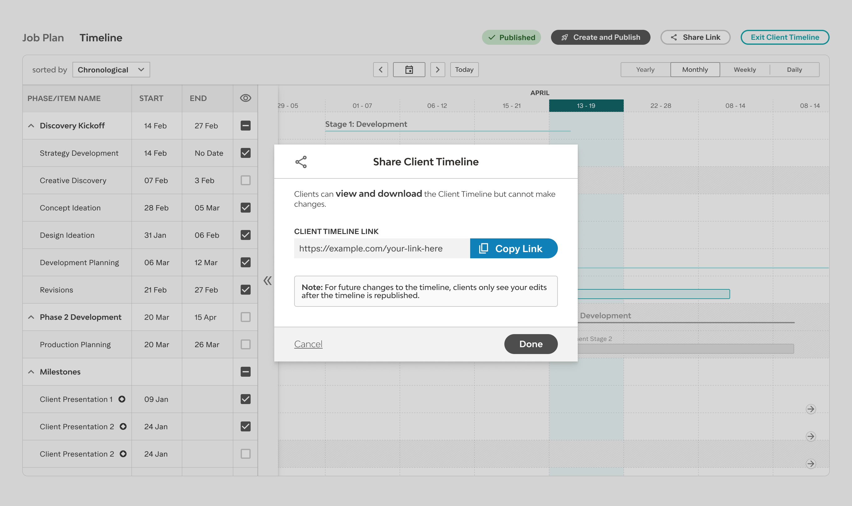 Project timeline interface showing job plan phases with start and end dates, a pop-up window to share client timeline with a link and copy button.