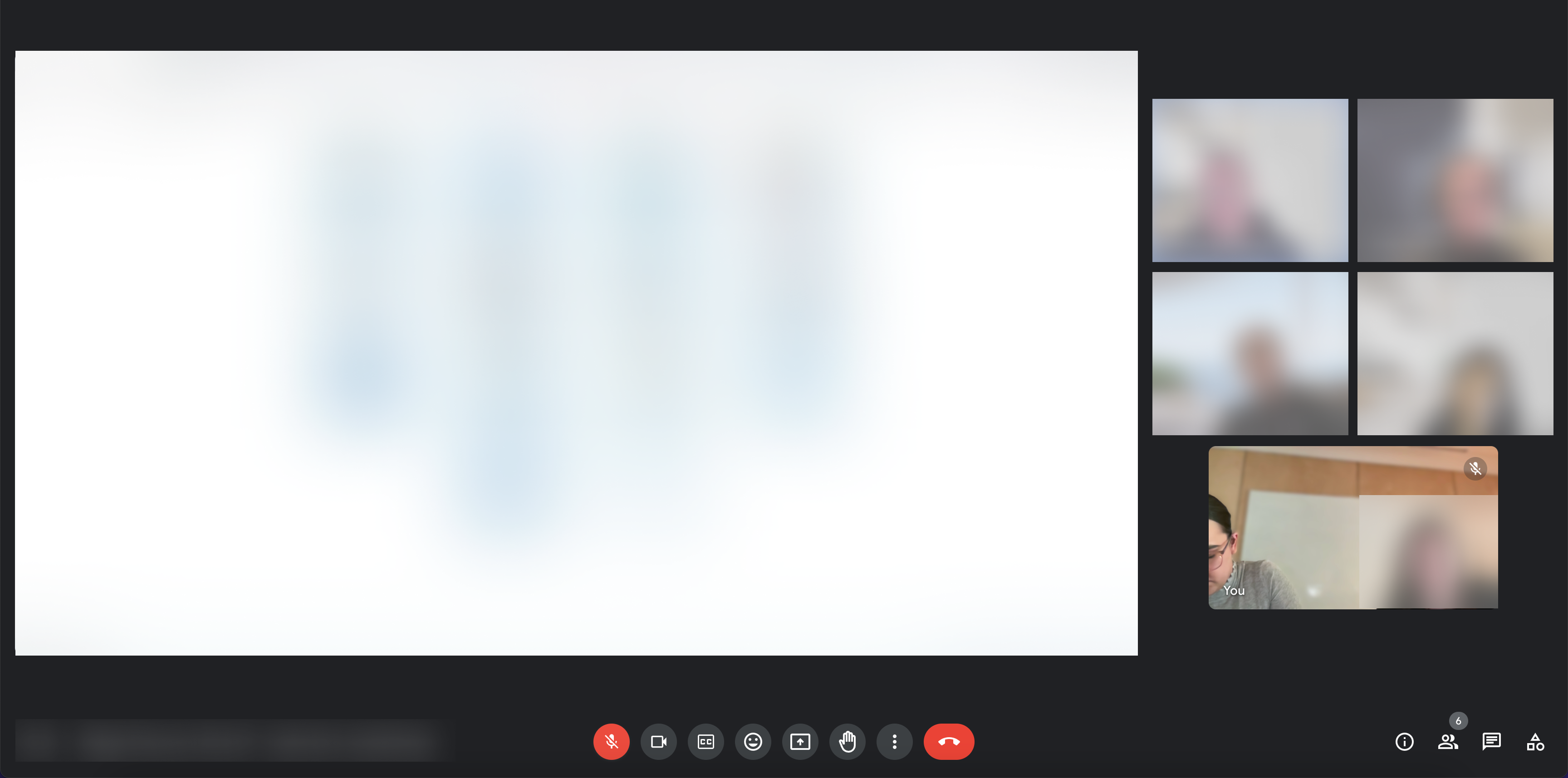Video call screen showing five participants, four in small video tiles and one larger shared screen with blurred content, and call control icons at the bottom.