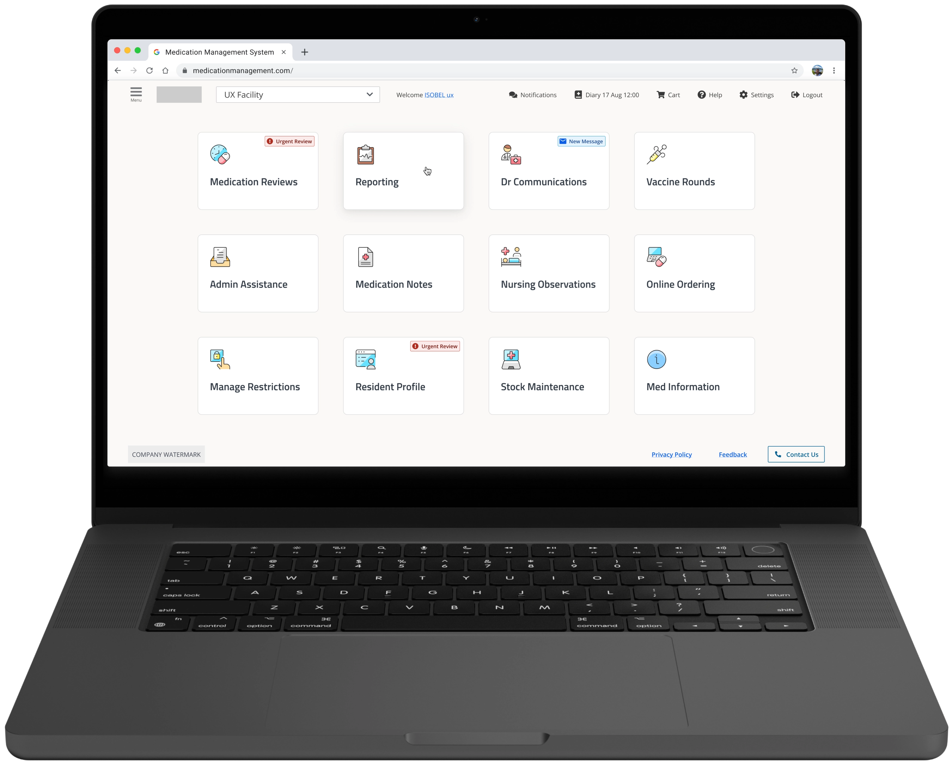 Laptop screen displaying a medication management system dashboard with tiles for Medication Reviews, Reporting, Dr Communications, Vaccine Rounds, Admin Assistance, Medication Notes, Nursing Observations, Online Ordering, Manage Restrictions, Resident Profile, Stock Maintenance, and Med Information.