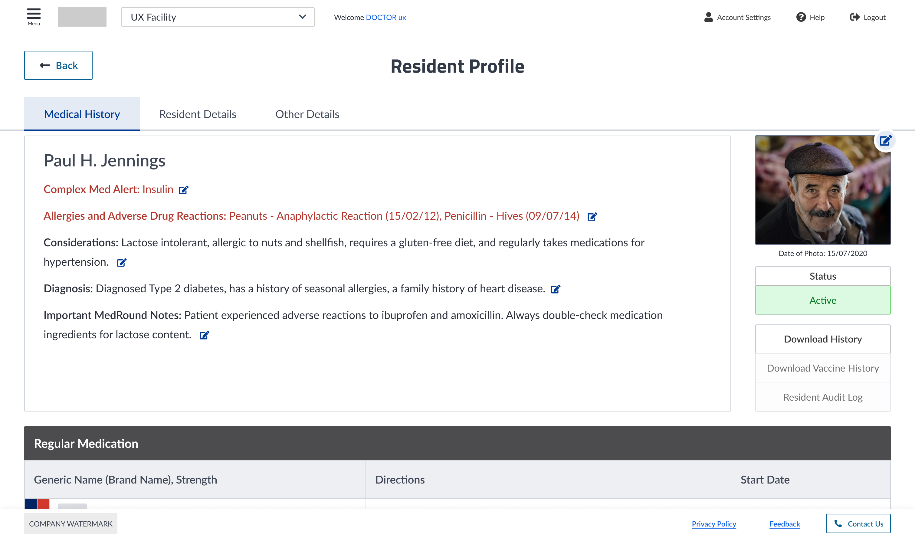 Resident Profile page for Paul H. Jennings showing medical history, allergies to peanuts and penicillin, lactose intolerance, diabetes diagnosis, and photo dated 15/07/2020.